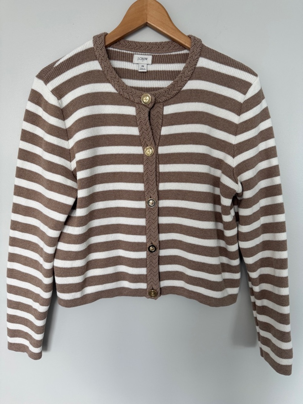 J. Crew Brown and White Striped Cotton Cardigan with Gold Buttons